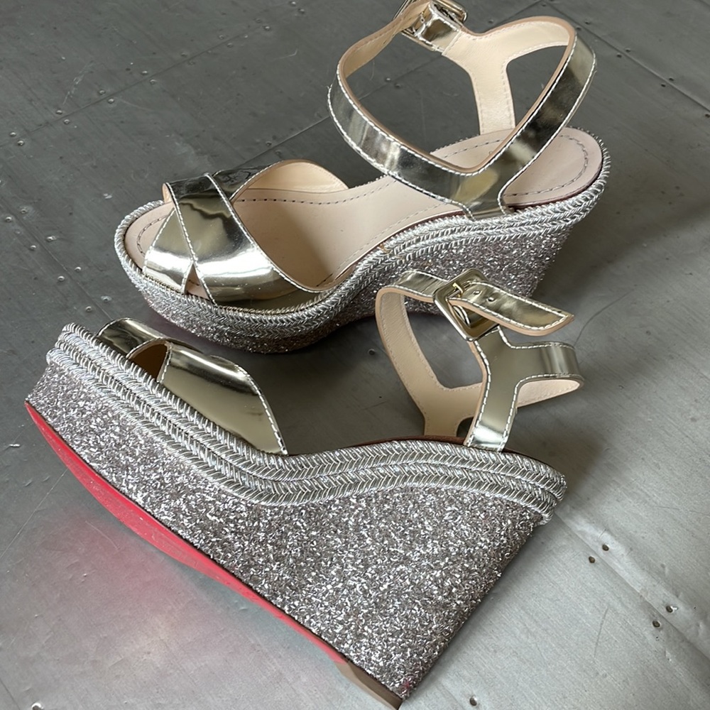 Christian louboutin almeria platine sandal espadrille glitter wedge sz 39 - Picture 5 of 10